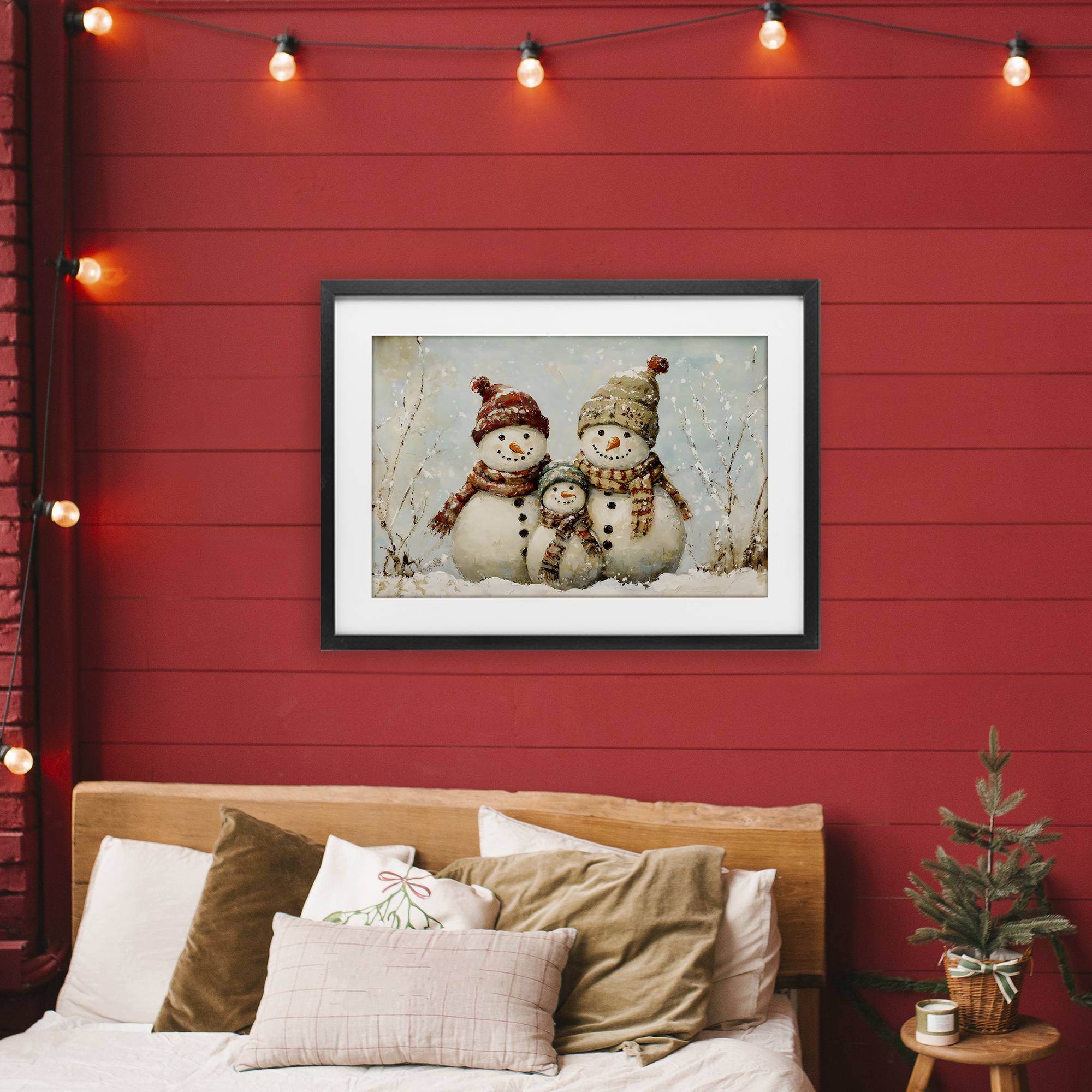Snowman Family Of Three Black Framed Print Under Glass, design by Petal Prints Design