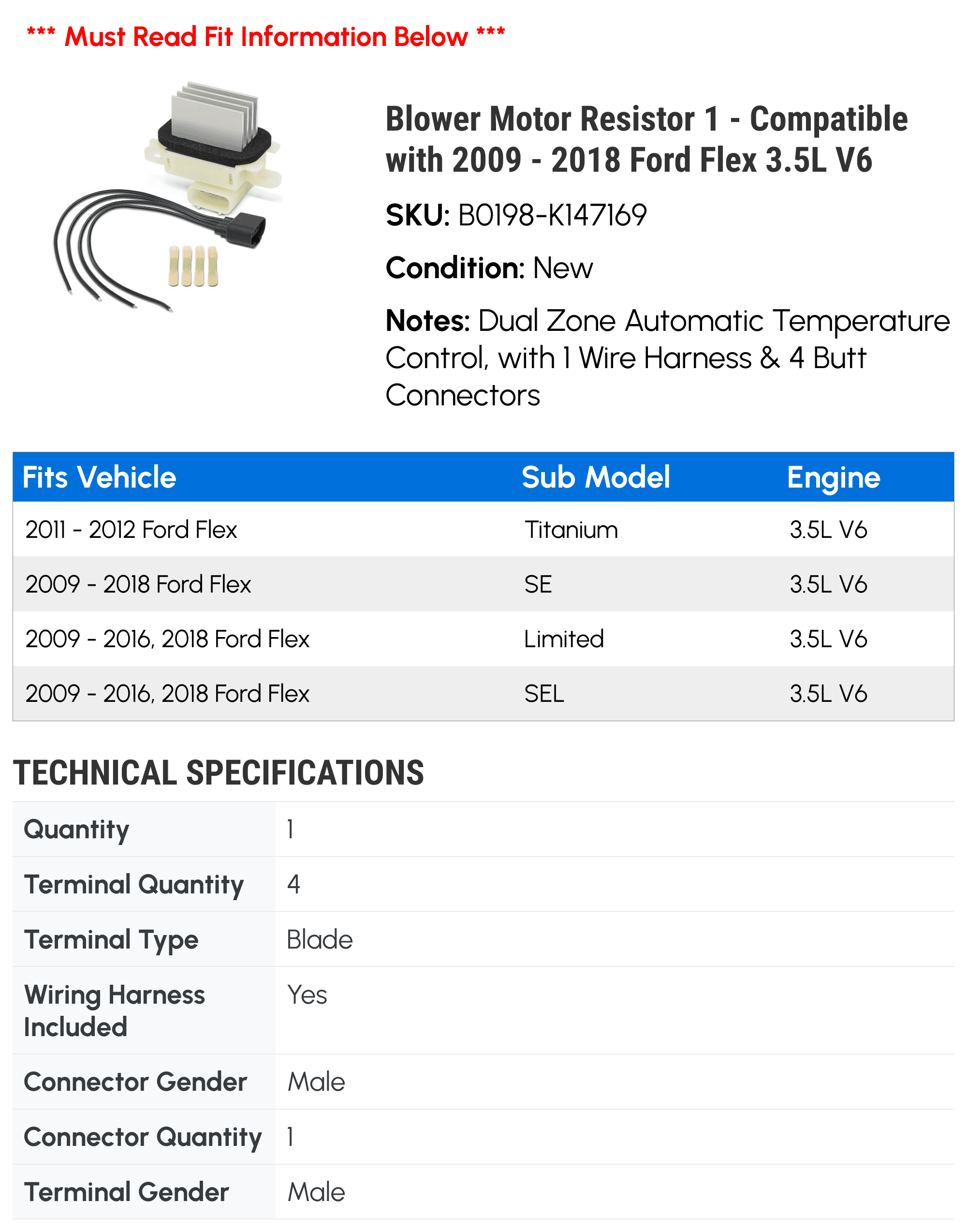 Blower Motor Resistor 1 - Compatible with 2009 - 2018 Ford Flex 3.5L V6 - Autopart Premium