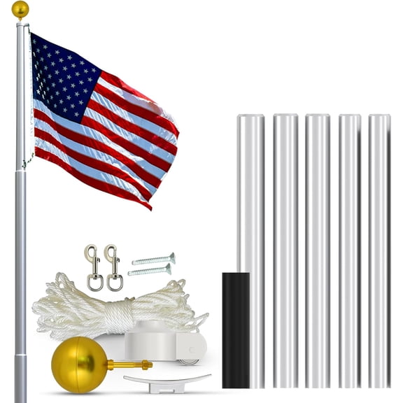 US Flag Store Heavy Duty 20ft Residential Flagpole | Made in the USA | Aluminum Finish | Complete Kit with Gold Ball Topper, Nylon Rope, and Ground Sleeve