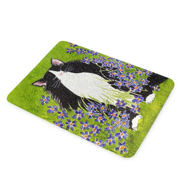 KuzmarK Glass Cheese Cutting Board 11"x7.75" - Tuxedo Maine Coon Cat with Blue-Eyed Grass Art by Denise Every