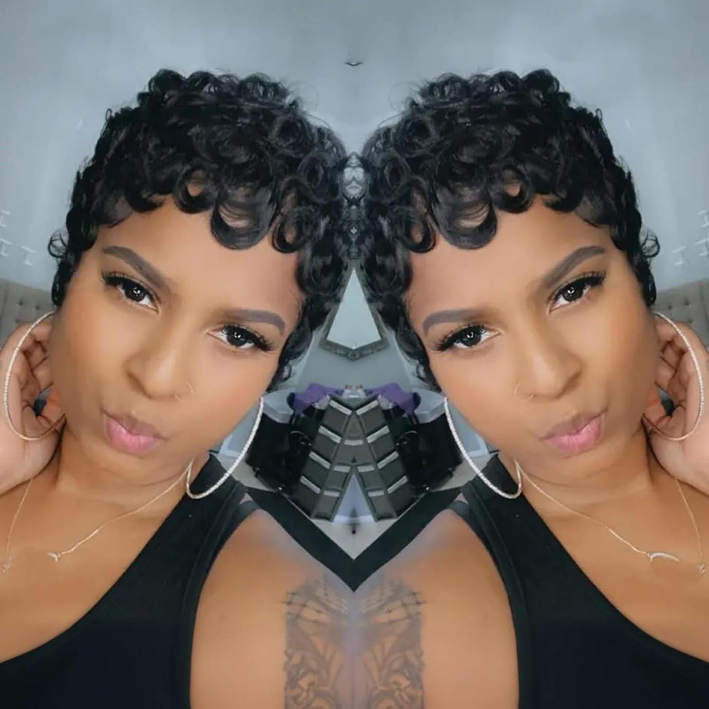 No Glue Pixie Cut Wigs for Black Women Brazilian Curly Human Hair Glueless Short Layered Wigs With Bangs Natural Black Daily Wig