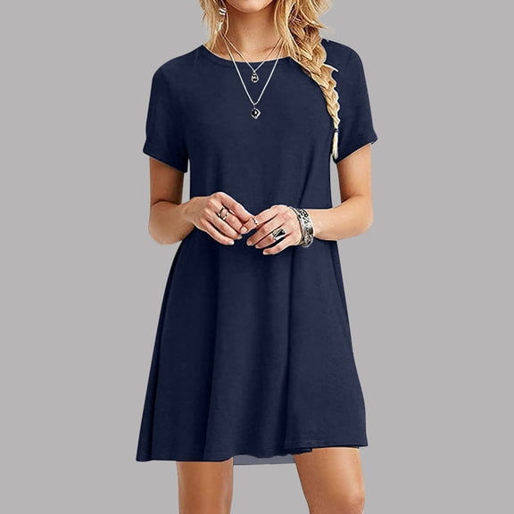Aloohaidyvio Summer Dresses for Women 2024,Womens Summer Casual T-shirt Dresses Short Sleeve Boho Beach Dress Navy L