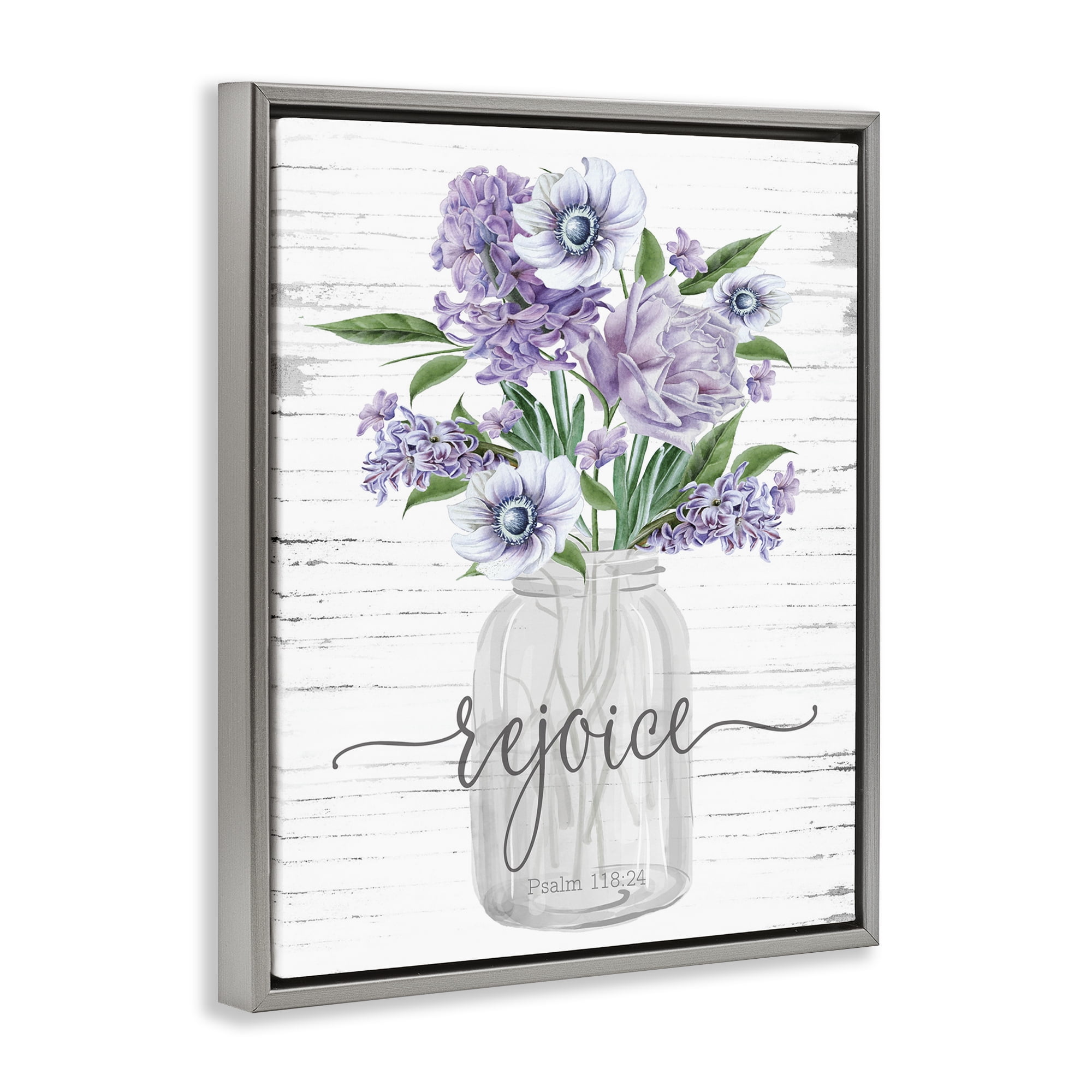 Stupell Industries Purple Rejoice Bouquet Religious Painting Gray Floater Framed Canvas Art Print Wall Art, 25 x 31
