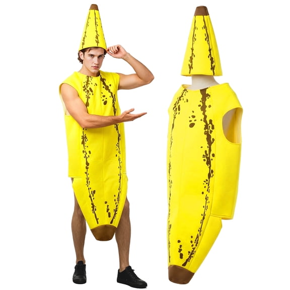 Men's Banana Costume, Funny Fruit Sleeveless Outfit with Hat for Halloween Party Cosplay