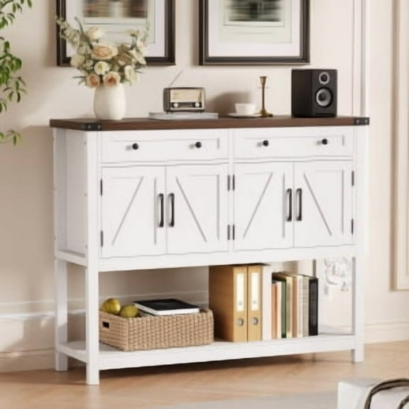 Juiluna 47.2inch Large Sideboard Buffet Cabinet, Farmhouse Coffee Bar Cupboard Cabinet Storage, Wood Console Table with 2 Drawers for Kitchen Dining Living Room Entryway, White/Brown