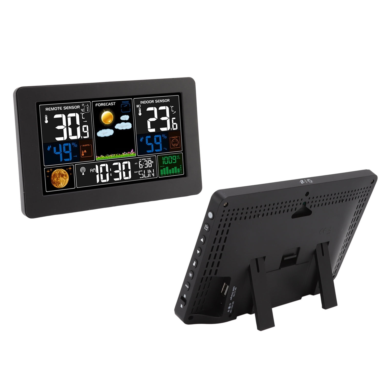 Nieyigj Multifunctional Weather Station Clock Large Color Display For Indoor Outdoor Temperature Humidity Air Pressure US Plug 100-240V Black Edition