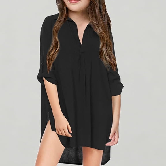 Xijirk Girls' 3/4 Sleeve Shirt Lightweight Swim Cover Up Loose-Fit Chiffon Shirt for Beach & Pool Days,10-11 Years