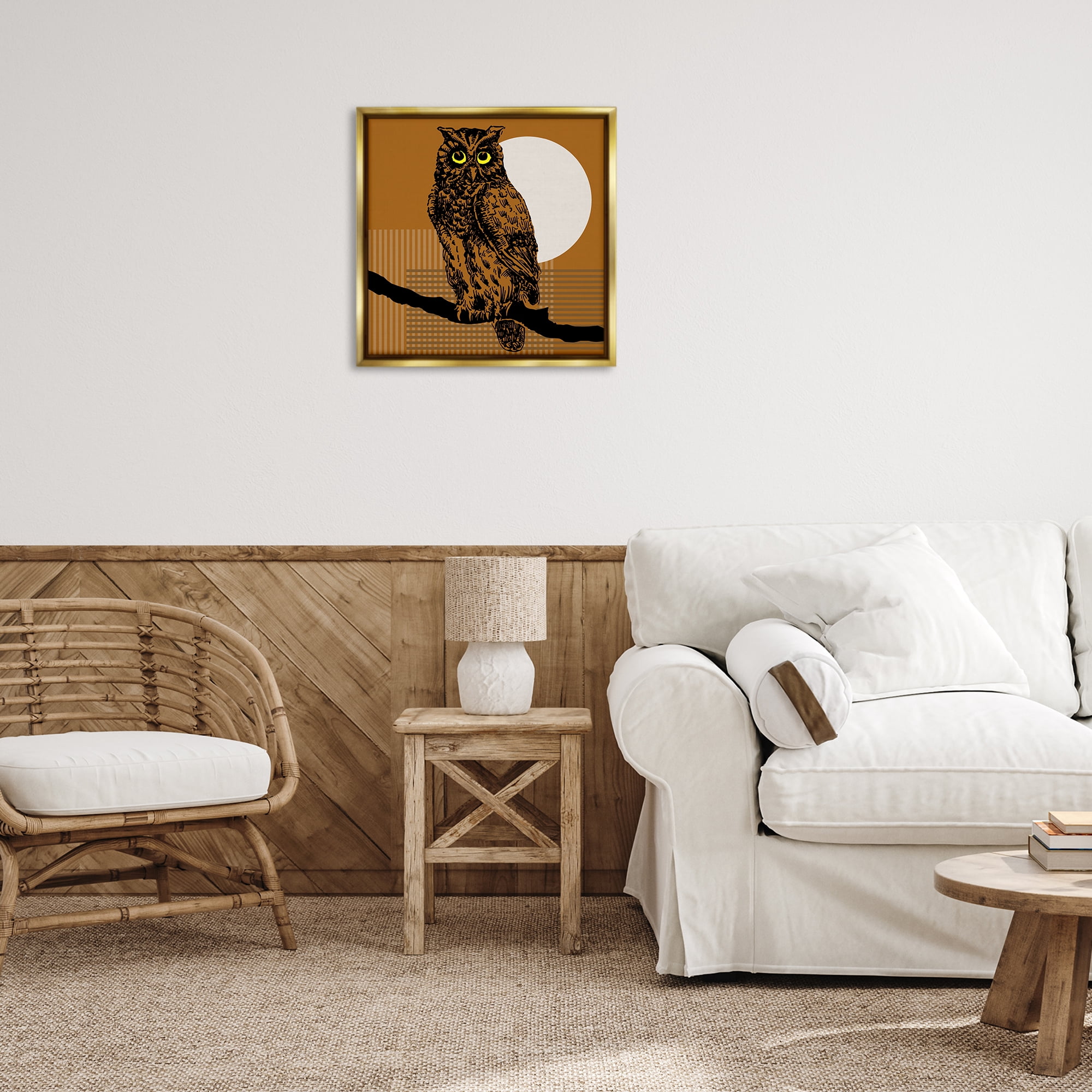 Stupell Industries Owl Perched with Moon Animals & Insects Painting Gold Floater Framed Canvas Art Print Wall Art, 25 x 25