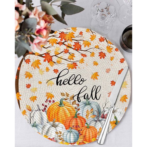 15 Inch Round Placemats Set of 4, Thanksgiving Non Slip Heat Insulation PP Table Mats, Orange White Pumpkin Maple Leaf Branches Washable Place Mats for Kitchen Dining Party Table Decor
