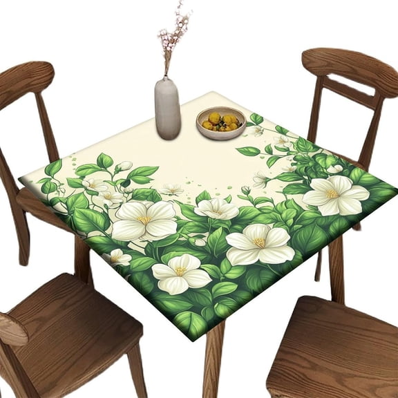 Square Tablecloth Fitted, Green and White Floral Border Pattern Printed on Stain Resistant Square Table Cover, Great for Picnics Beach Camping Travel, Fit for 36" x 36" Square Tables