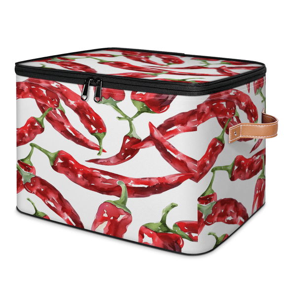 CURLYOOT Chilli Fabric Storage Bins with Lids, Red Pepper Foldable Storage Boxes Washable Storage Cube, Closet Bedroom Home Organizer Containers with PU Leather Handles
