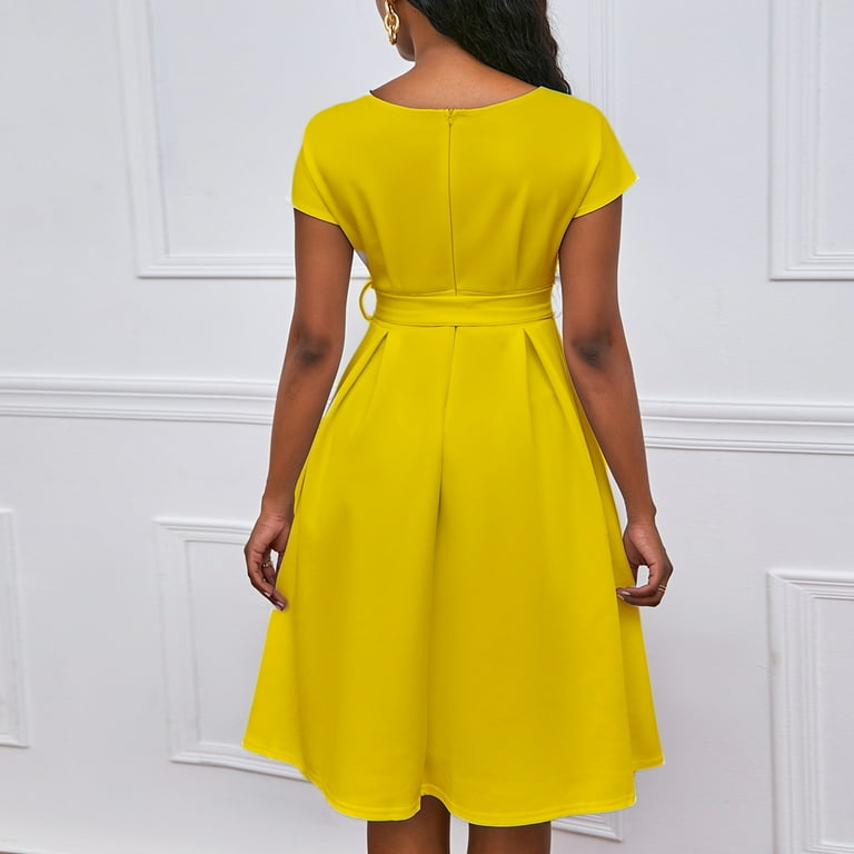 Women's Trendy Dress Short Sleeve Wrap V Neck Tie Waist Knee