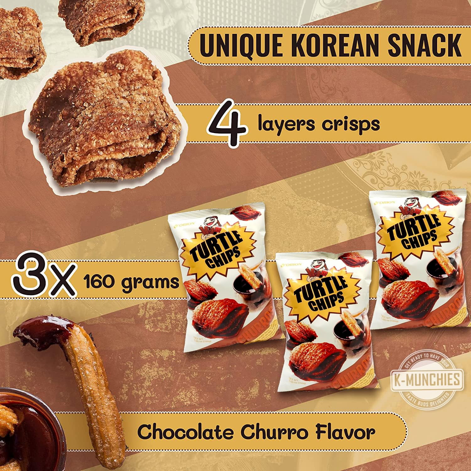 Orion Turtle Chips - 3 Packs of 160-gram Choco Churro Flavor Korean Chips - Sweet, Crispy, Korean Snacks with Hint of Cinnamon - Bite-Sized, On-The-Go Korean Corn Snack