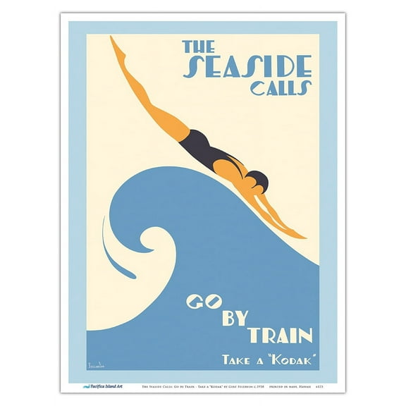 The Seaside Calls: Go by Train - Take a “Kodak” - Vintage Railroad Travel Poster by Gert Sellheim c.1938 - Master Art Print (Unframed) 9in x 12in