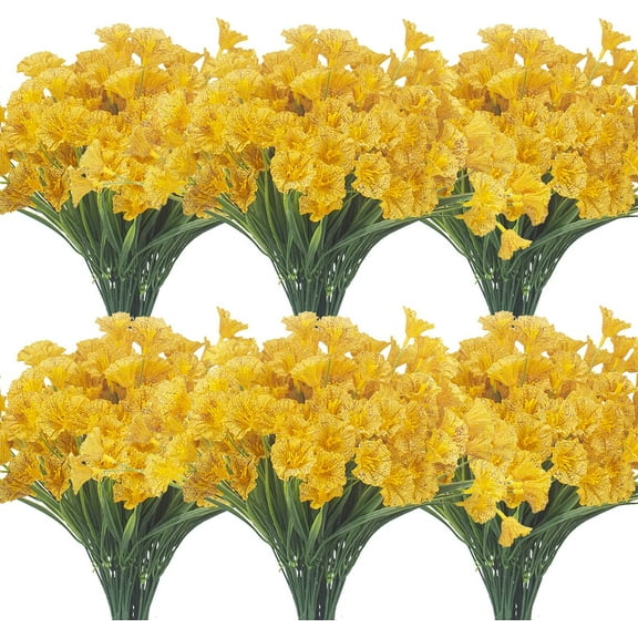 6 Bundles Artificial Fake Flowers for Outdoors UV Resistant Faux Silk Flowers Realistic Morning Glory Greenery Plants for Outside Garden Porch Hanging Planters Window Box Decoration (Yellow)