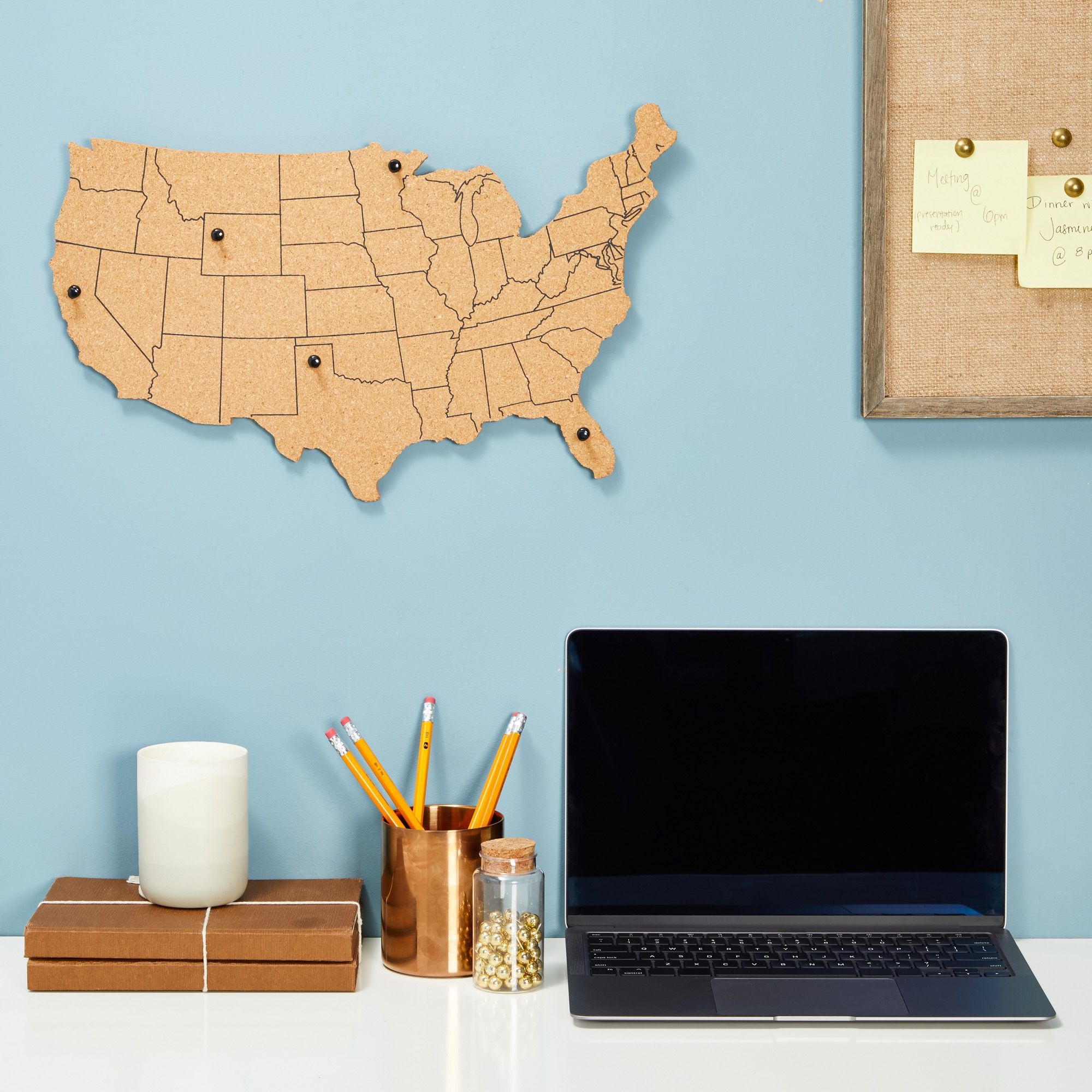 Cork Board Map of The United States with 10 Pins to Mark Travels, Home 