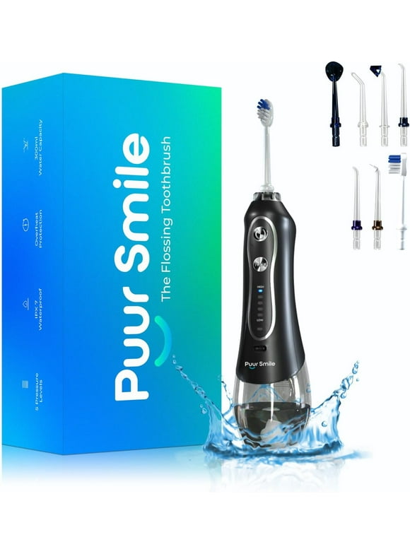 Puur Smile Professional Cordless Water Flosser Black - Dental Care Waterproof, 7 Replacement Tips