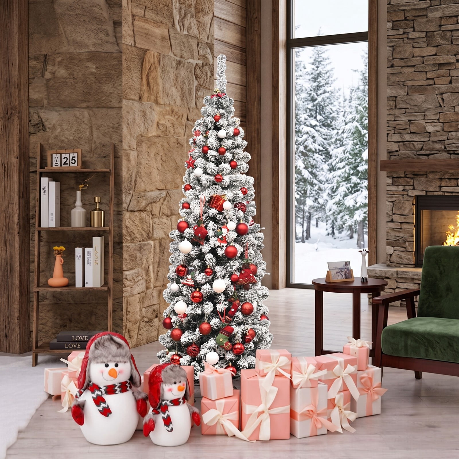 RUIE 6 Feet Pre-Lit Snow Flocked Artificial Pencil Christmas Tree with 250 Warm White LED Lights and 500 Branch Tips, Slim Metal Stand for Home Holiday Decor, White