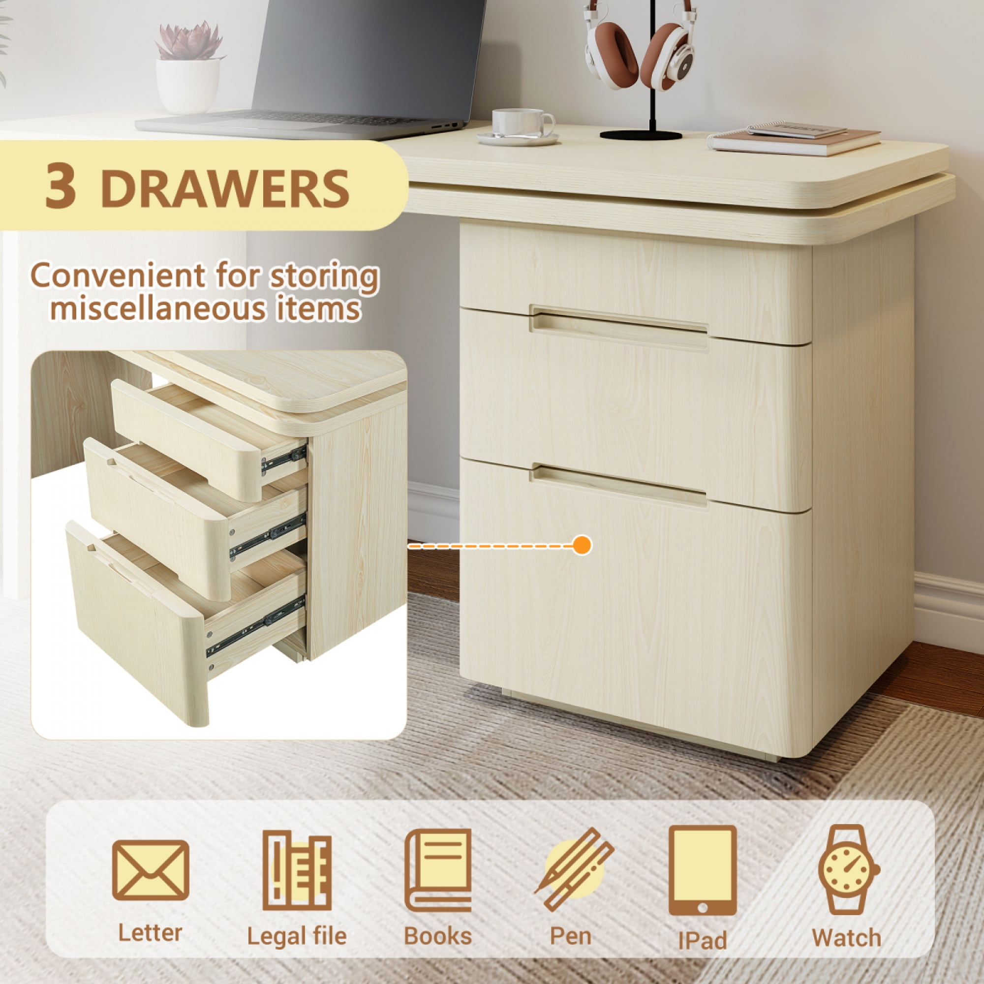 90" Modern L-Shaped Walnut Desk 360° Rotating Corner Executive Desk with 3 Drawers for Home Office,Natural Wood