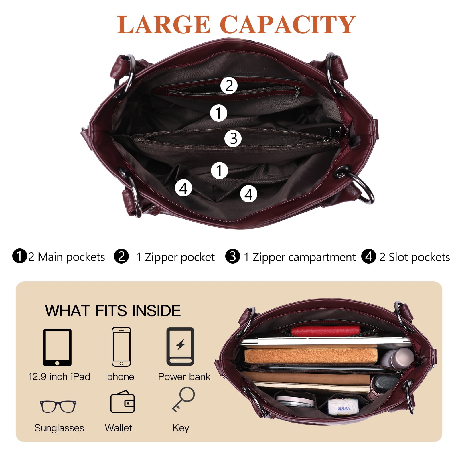KALUNMA Genuine Leather Hobo Bag for Women Large Tote Shoulder Handbag Satchel for Laptop Work Ladies