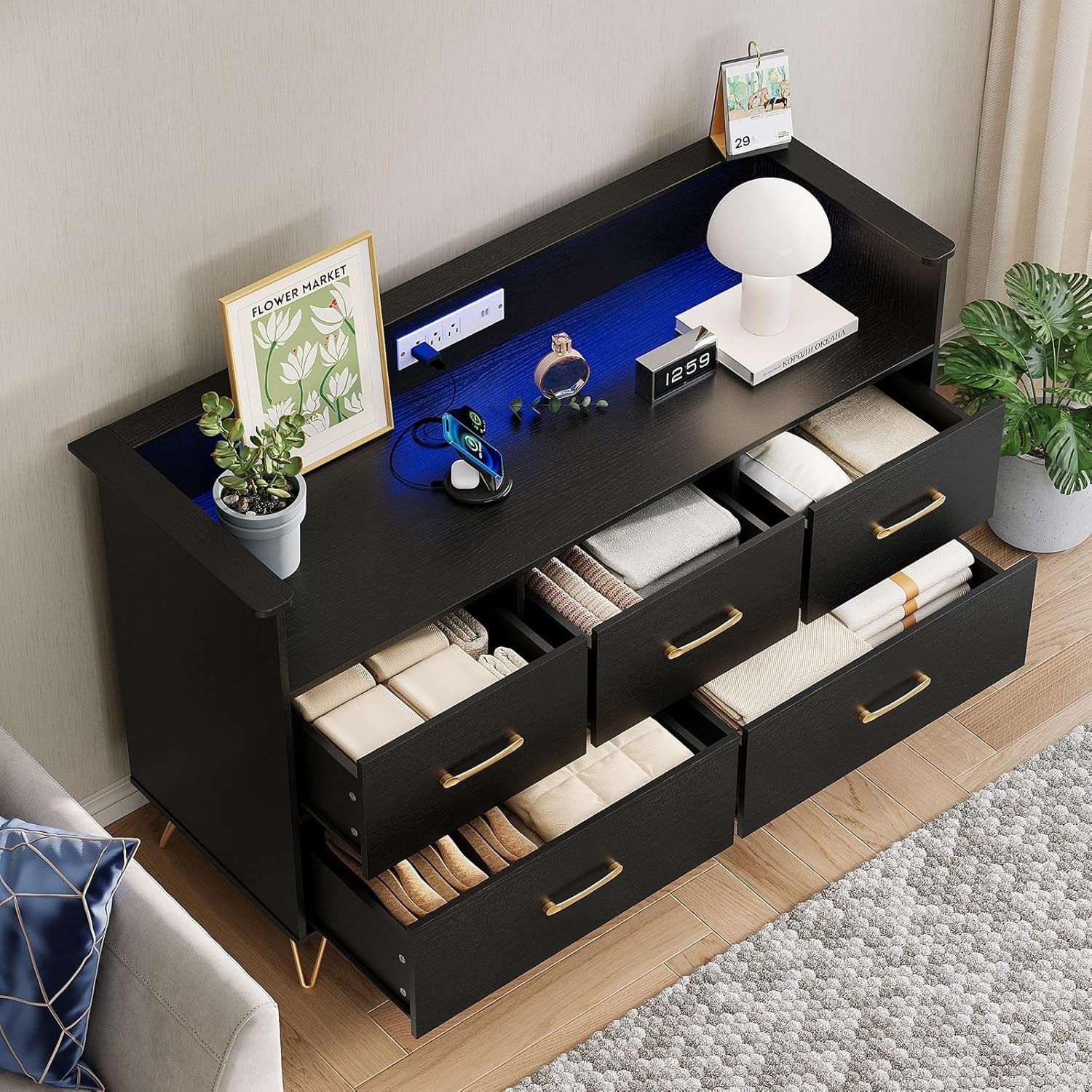 Black Dresser for Bedroom, 47" Wide Chest of Drawers with LED Lights, Charging Station & 5 Smooth-Sliding Drawers, Modern Wood Storage Cabinet for Entryway, Hallway, Living Room