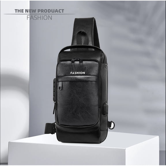 Travel Sling Bag Waterproof Crossbody Bag with Combination Lock Anti-Theft PU Leather Chest Bag with USB Charging Hole Shoulder Backpack Motorcycle Bags Black