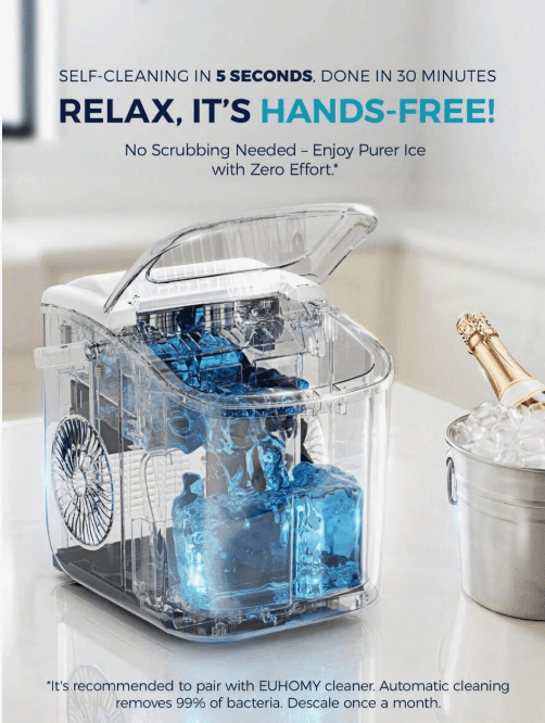 EHOMY Countertop Ice Maker Machine With Handle, 26lbs Per Day, 9 Ice Cubes Ready In 6 Mins, Auto-Cleaning Portable Ice Maker With Basket And Scoop, For Home/Kitchen/Camping/RV (White)