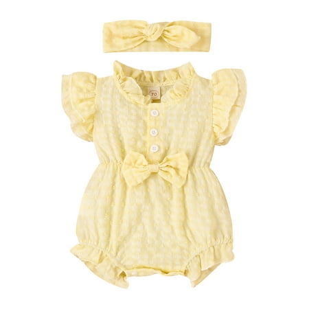 

Newborn Baby Girl Jumpsuit Shorts Jacquard Fly Sleeve Bodysuit + Hairband 2pcs Summer Outfits