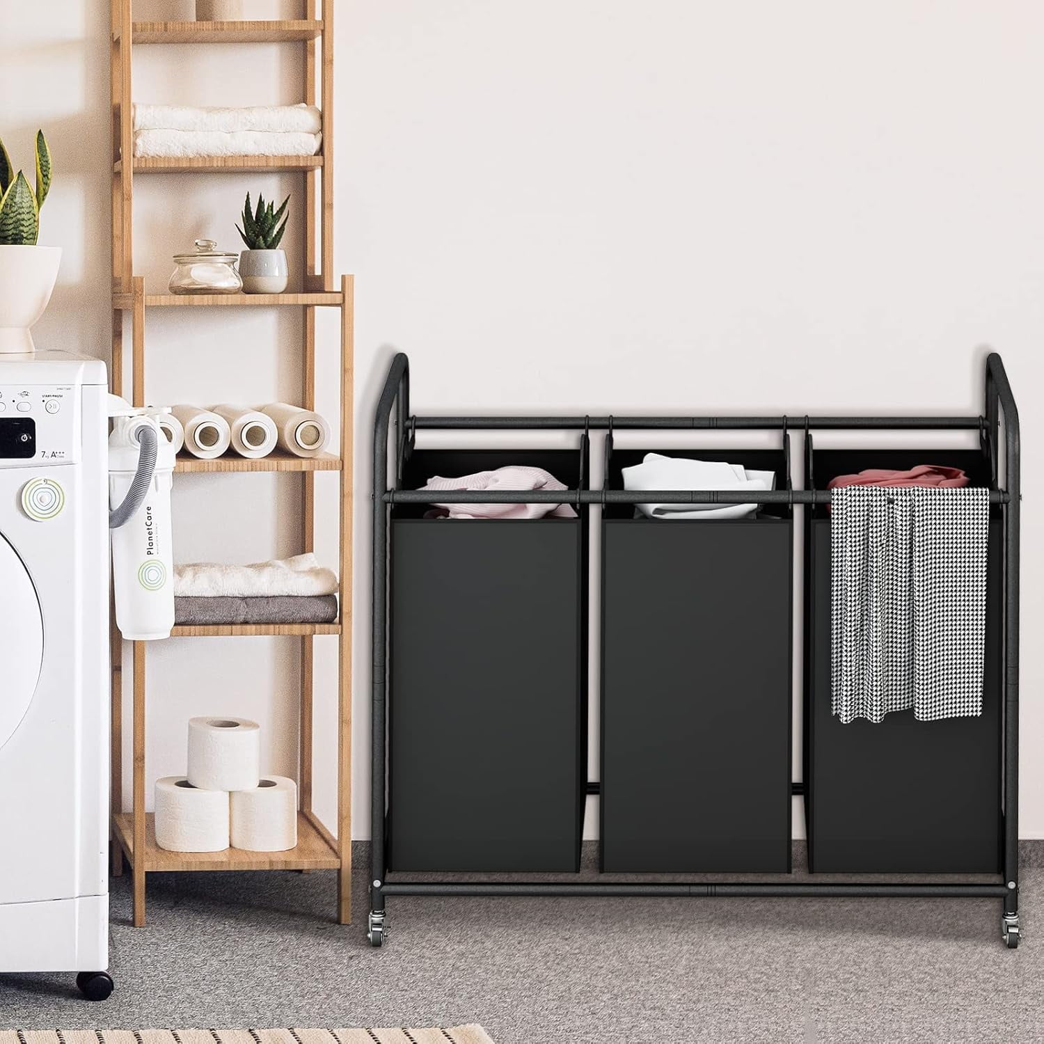SUOERNUO 3-Bag Laundry Sorter Cart with Wheels – Heavy Duty Rolling Hamper with Removable Bags for Laundry Room Organization (Black)