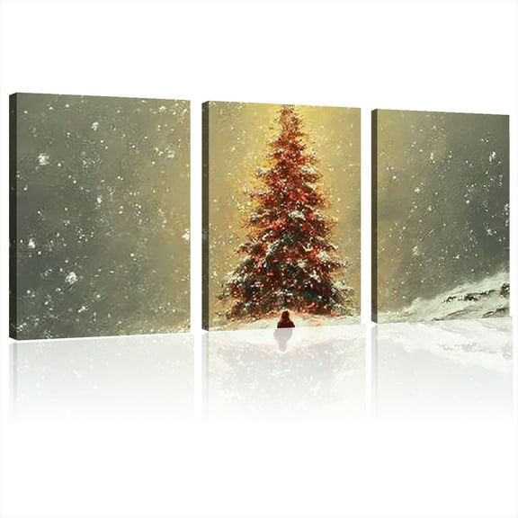 Elegant Framed Canvas Art - Cozy Winter Scene with Illuminated Christmas Tree and Red Hat, High-Definition Pine Wood Frame, Perfect for Living Room, Bedroom, Office, or Kitchen Decor 12*16inch*3pcs