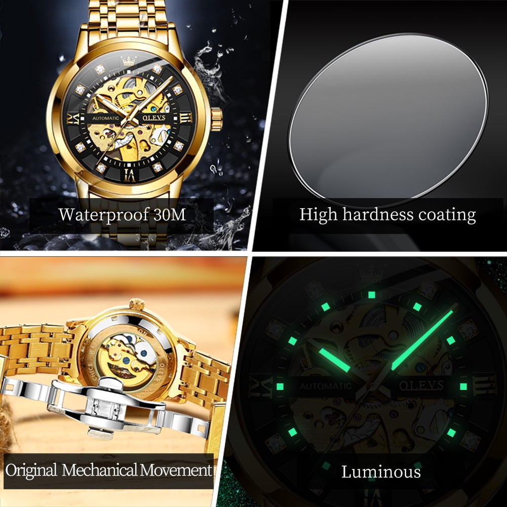 OLEVS Skeleton Watches for Mens Automatic Mechanical self Winding Diamond Luxury Business Dress Stainless Steel Waterproof Luminous Mens Wrist Watches Reloj Para Hombre Blue/White/Black/Gold Dial
