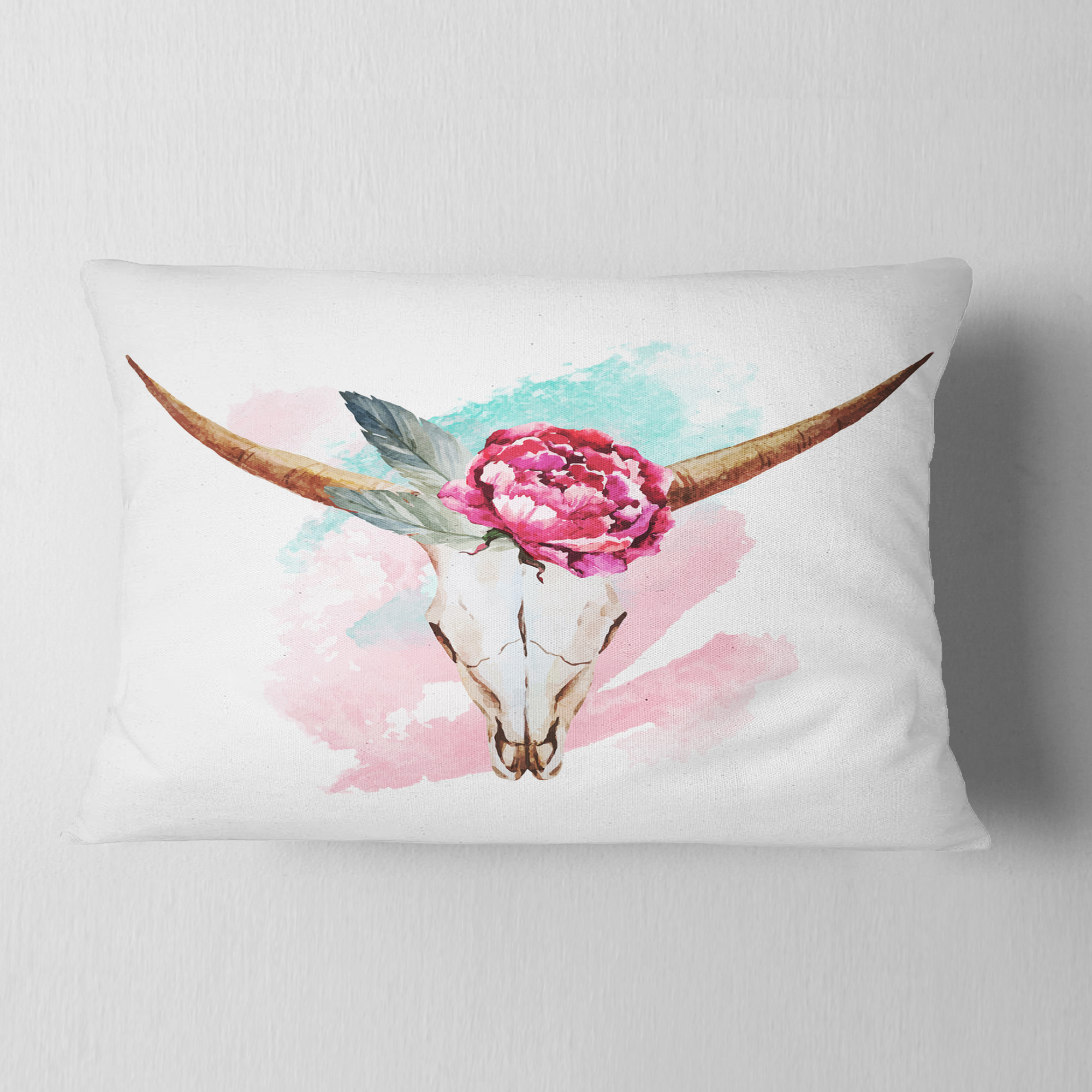 Designart Bull Skull and Flower - Floral Throw Pillow - 12x20