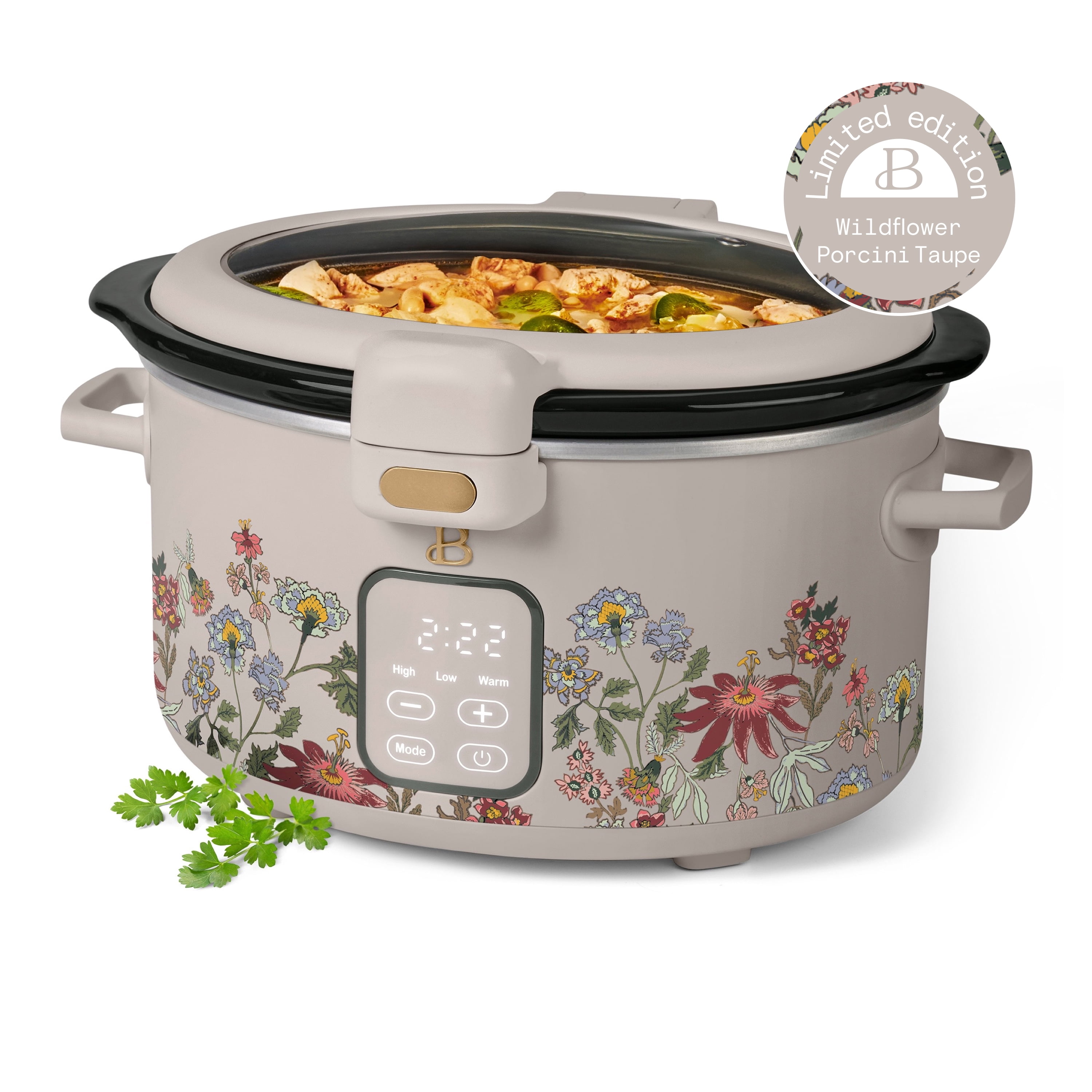 Beautiful 4 Qt Digital Slow Cooker with Hinged Locking Lid, Wildflower Porcini by Drew Barrymore
