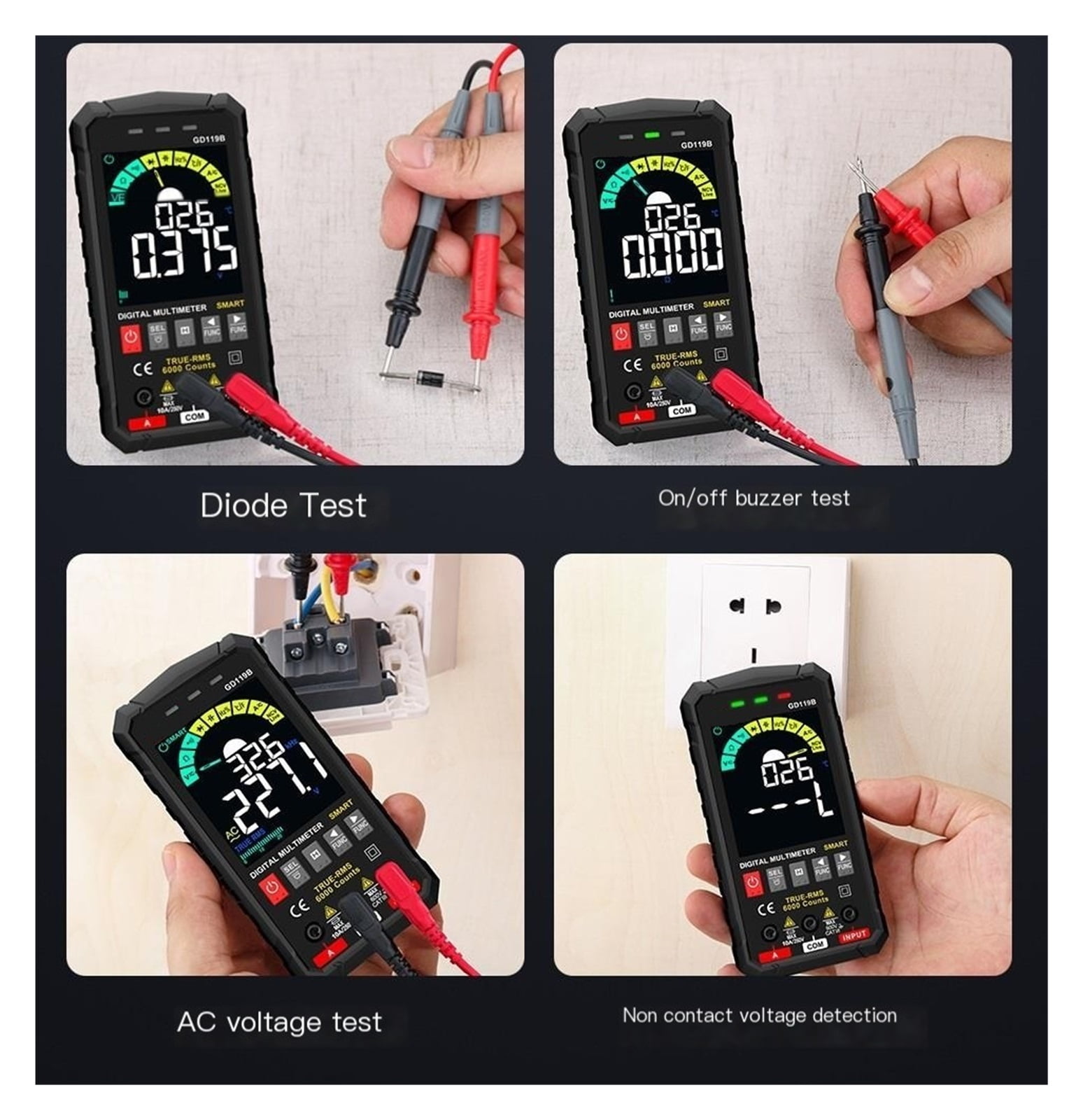 GD119B Smart Digital Multimeter,  6000 Counts, Voltage Tester, Volt Meter with NCV, DC/AC Voltage&Current, Resistance, Continuity, Diode, Capacitance, Hz%, Temperature, Live Wire - Green