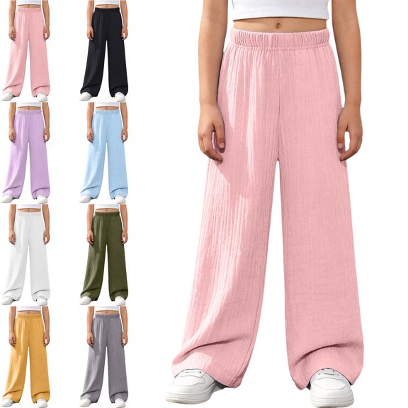 MLCDZ Linen Pants for Girls Summer Lightweight School Uniform Pants Kids Baggy Elastic Waist Wide Leg Trousers with Pockets Lightweight Daily School Pants