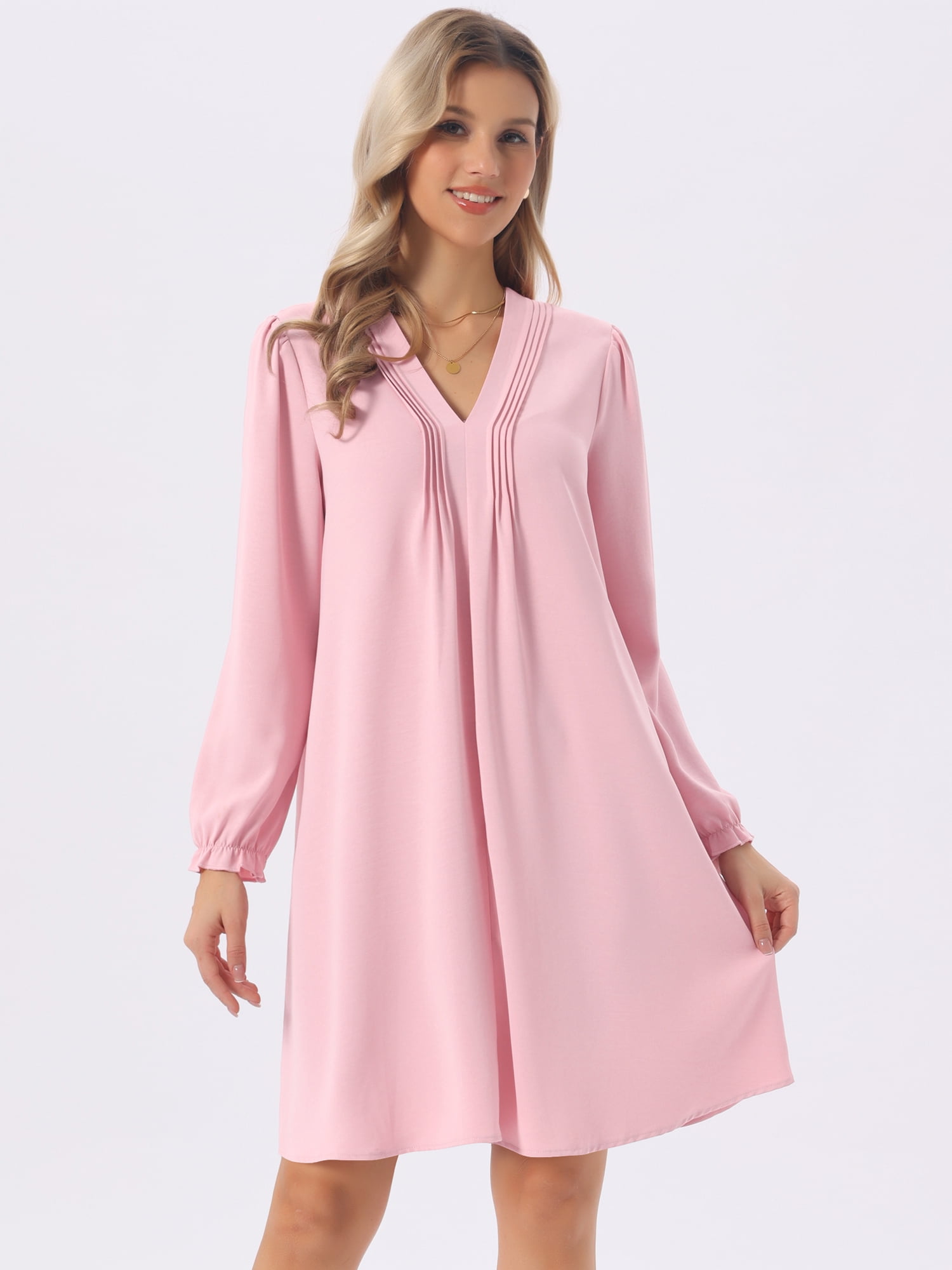 DARING DIVA Women's Casual Knee Length V Neck Pleated Flowy Shirt Dress S Pink