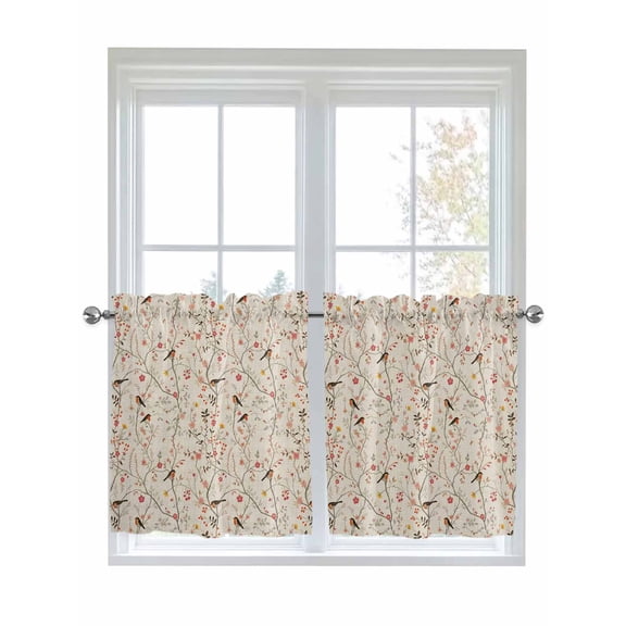 Half Window Curtain 36 Inches Long, Flowers Birds Window Treatment Curtain Drapes, Country Retro Botanical Floral Branches Small Tier Curtains for Bathroom Over Sink, 27.5"x36", 2 Panels