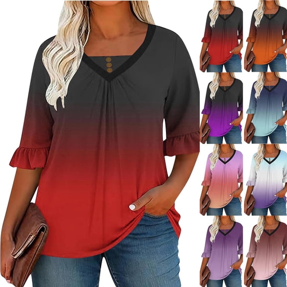 QNANSPI Short Sleeve Shirts for Women, Womens Casual Tops, Women's V Neck Short Sleeve T Shirt Print Crew Neck Flared Sleeve Chest Ruched Casual Daily Top