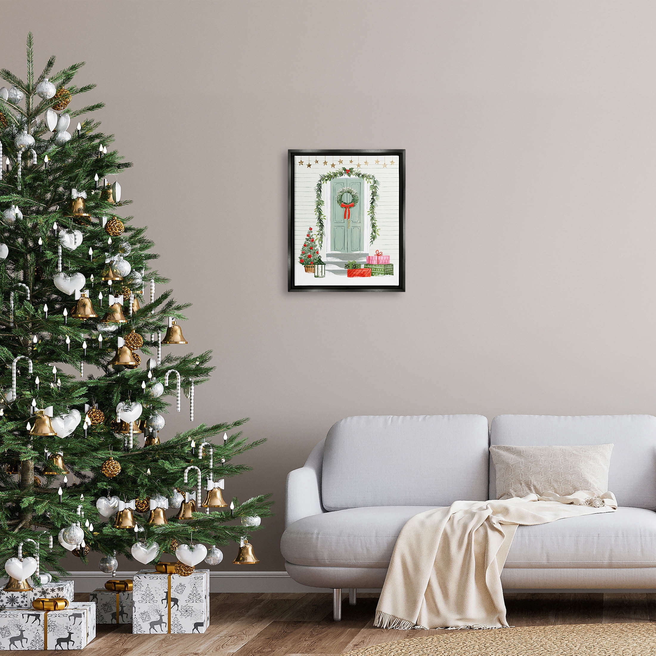 Stupell Industries Christmas Presents Wreath Doorstep Graphic Art Jet Black Floating Framed Canvas Print Wall Art, Design by Victoria Barnes