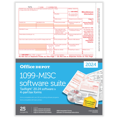 Office Depot® Brand 1099-MISC Laser Tax Forms With Software, 4-Part, 2-Up, 8-1/2" x 11", Pack Of 25 Form Sets