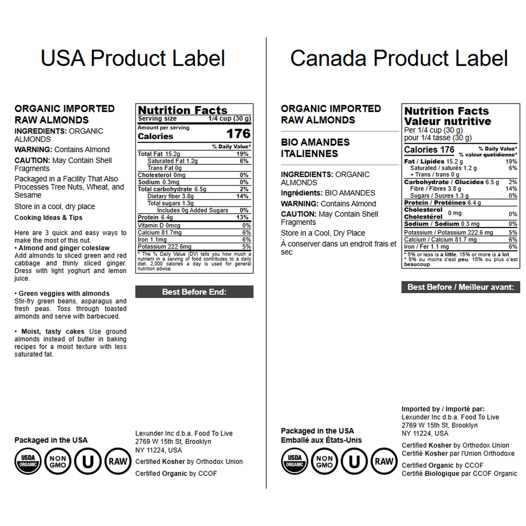 Organic Imported Raw Almonds, 4 Pounds - Non-GMO, Kosher, No Shell, Whole, Unpasteurized, Unsalted, Raw, Vegan - by Food to Live