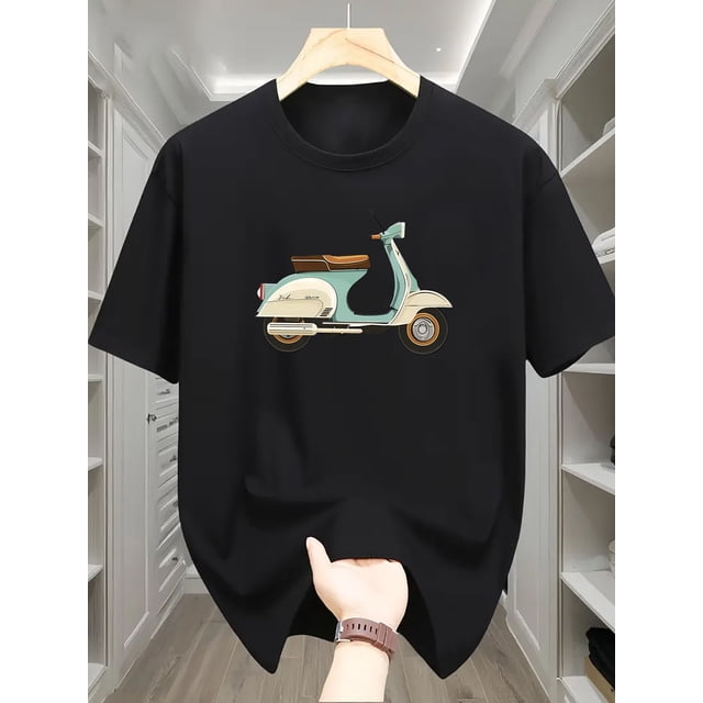 1pc Men's Casual Summer T-Shirt with Electric Scooter Print, Cotton Knit Fabric, Round Neck, Comfort Fit, Fashion Short Sleeve Top for Adults, Casual Sporty Tee, Comfy Tee