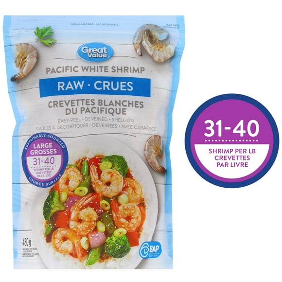 Crevettes blanches du Pacifique crues Great Value 480 g (1,05 lb)