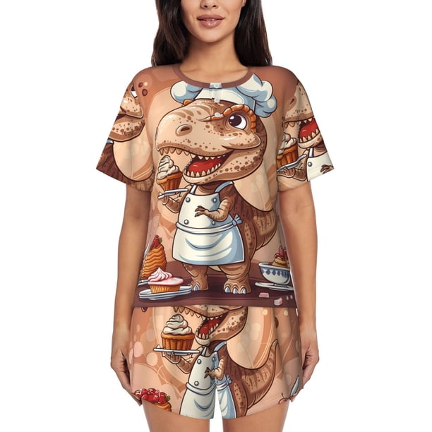 Balery Dinosaur Baking Delight Conjunto de Pijama para Mujer con Estampado, Dos Piezas de Manga Corta y Shorts, Ropa de Dormir Suave con Cuello Redondo y Bolsillos-Medium