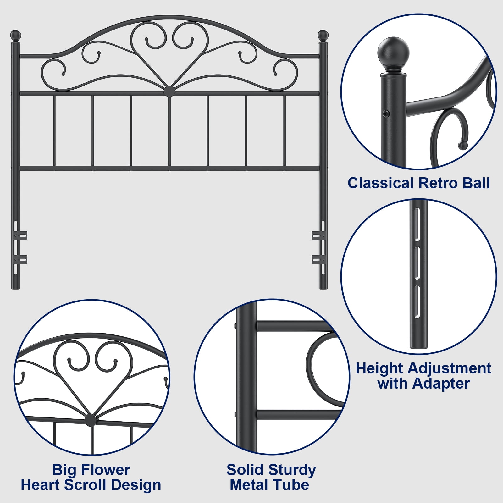 Yoneston Vintage Metal Queen Headboard with 3-Level Height Adjustment for Queen Bed Frame, Black