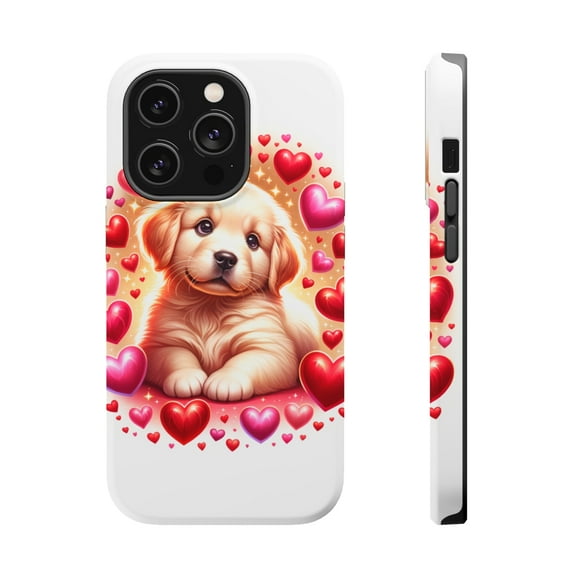 DistinctInk Tough Case for Apple iPhone 15 PRO (6.1" Screen), Compatible with MagSafe Charging - Valentine's Day Golden Retriever Puppy