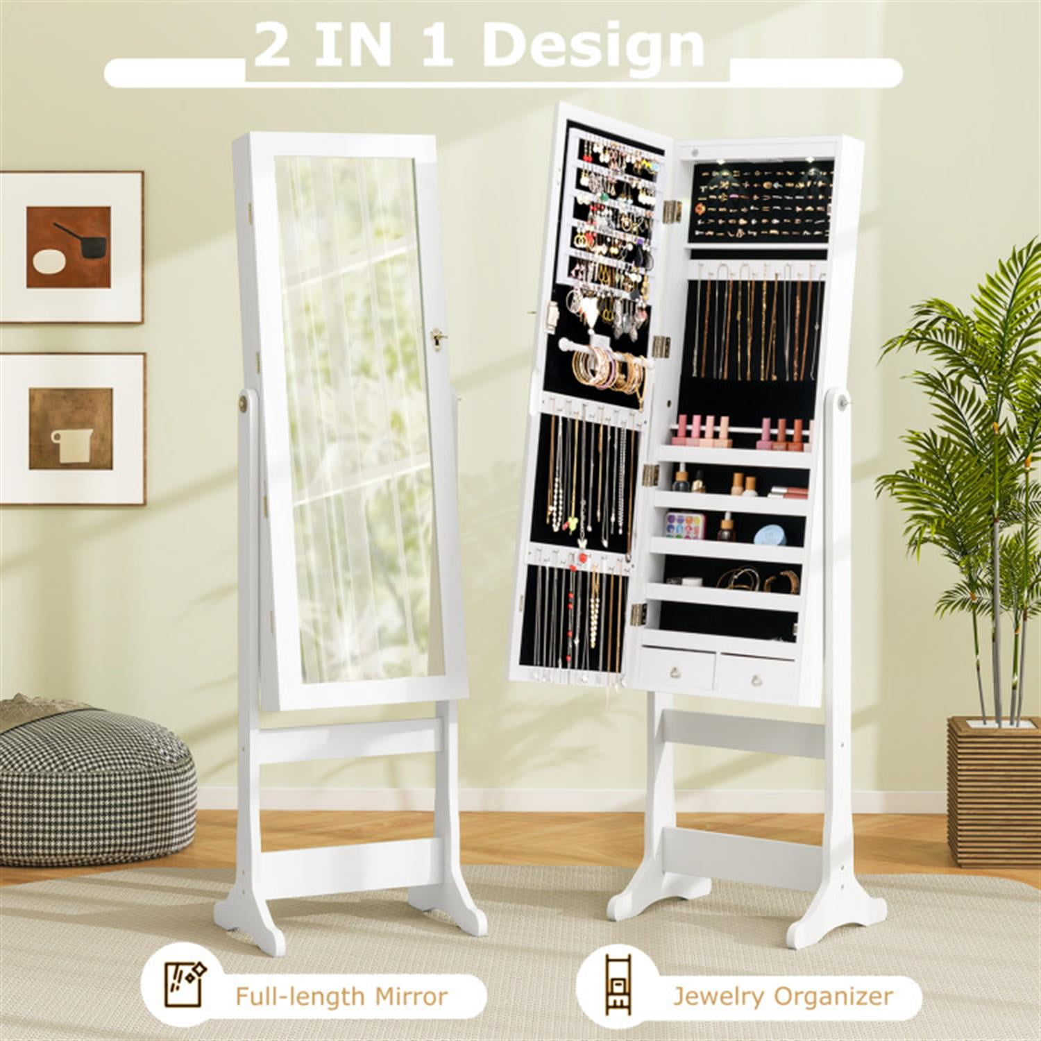 Demi Bonn Freestanding Rolling Floor Standing Jewelry Armoire with Full-Length Mirror and Lights, Lockable Makeup Storage Organizer, White