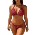 thumbnail image 2 of Swimsuit Bikini, Full Coverage Bikini, Two Piece Swimsuit for Women, Women's Shiny Triangle Bikini Set Sequin Halter String Backless Tie Side Two Piece Swimsuit Bathing Suit, Red XL, 2 of 5