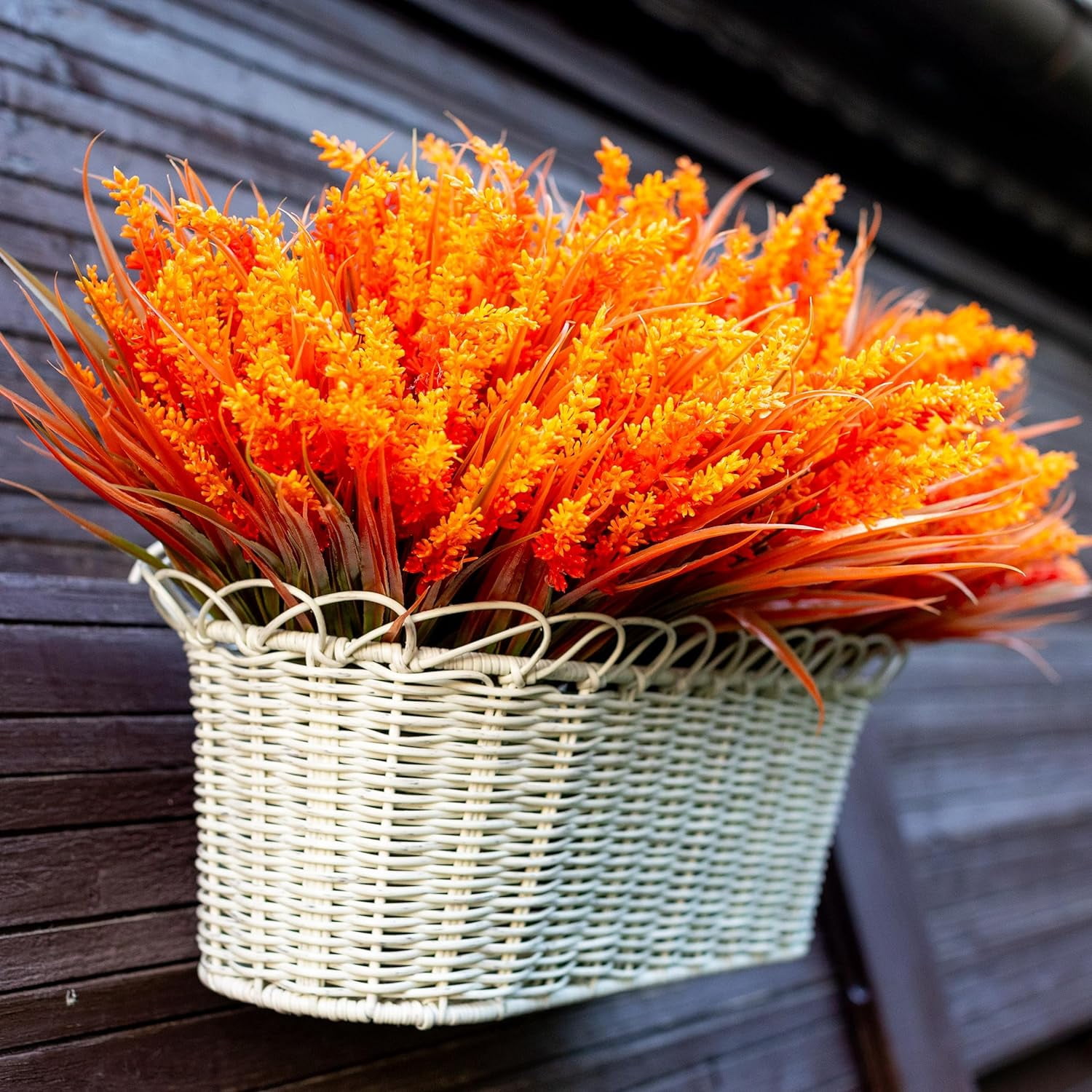 8PCS Artificial Flowers for Outdoors, Fake Lavender with Grass UV Resistant Plastic Faux Autumn Plants for Garden Thanksgiving Home Decor (Orange)