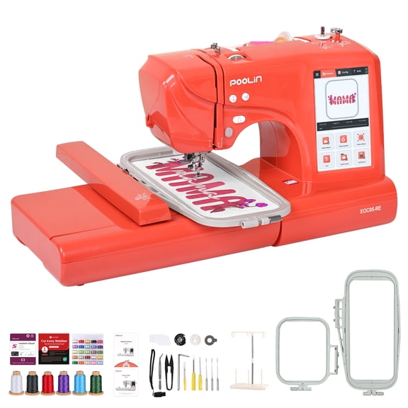Poolin EOC05RE Home Embroidery Machine for Beginners, 4” × 9.25” Hoop, 7” Touchscreen, Perfect for Small DIY Projects